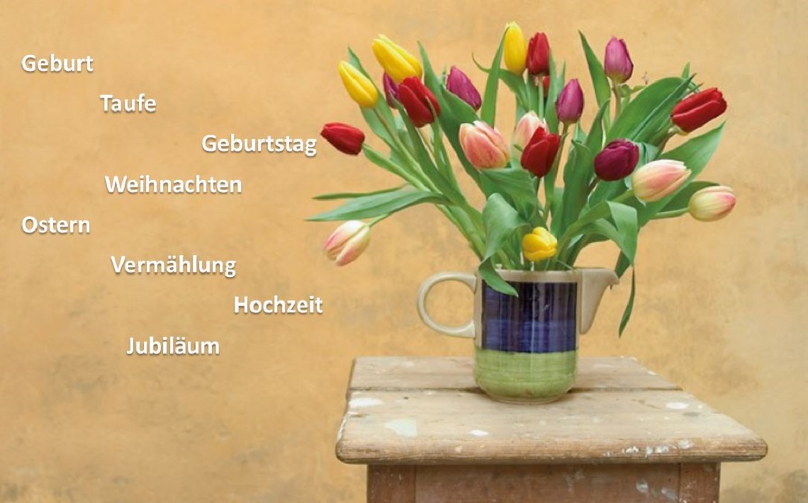 Glückwunschkarte "Tulpenstrauss" mit Anlässen bedruckt.